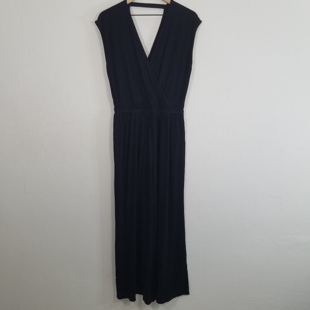 LOFT Brach V-Neck Sleeveless Jumpsuit Black Stretch Size M
